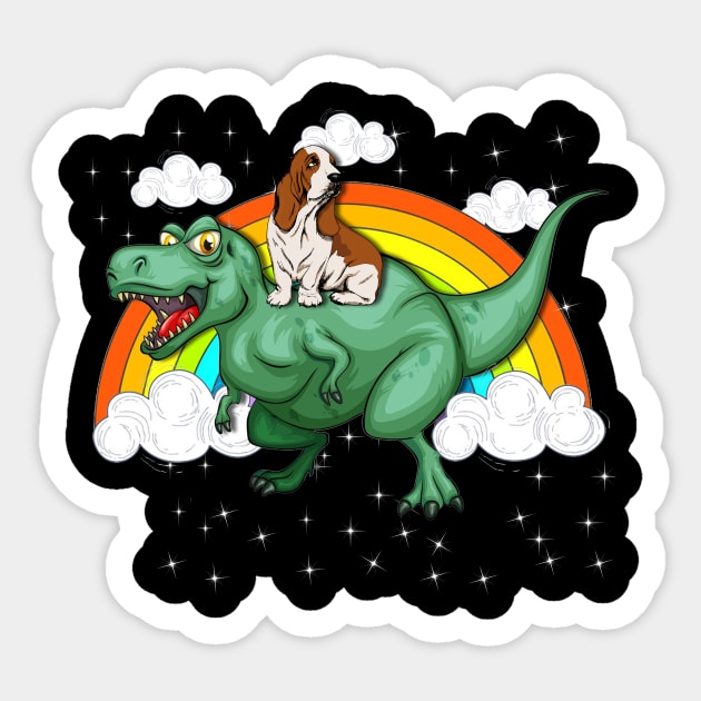 T Rex Dinosaur Riding Basset Hound Dog Sticker by LaurieAndrew